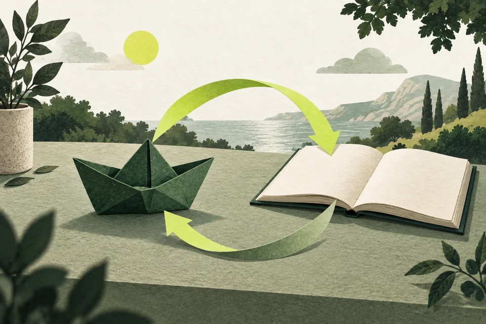 A green paper boat beside an open blank book, linked by curling lime paper arrows.
