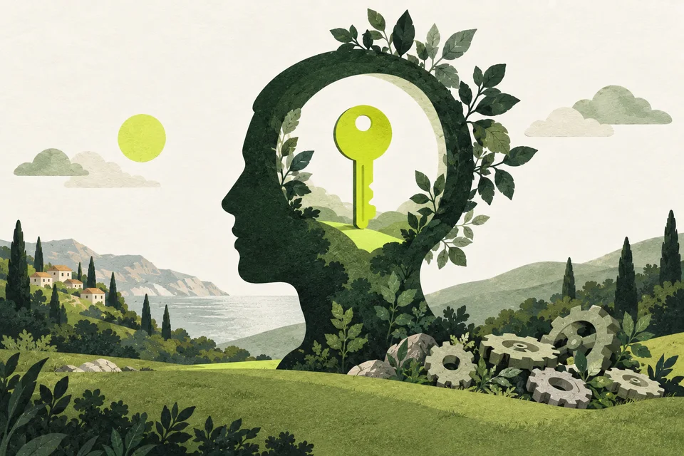 An abstract head silhouette holds a lime key above scattered gears.