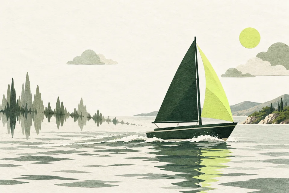 A green paper boat with a lime sail moves forward, leaving sage paper sound waves behind.
