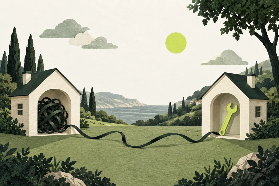 Two paper houses contain a tangle and a lime tool, joined by a ribbon.