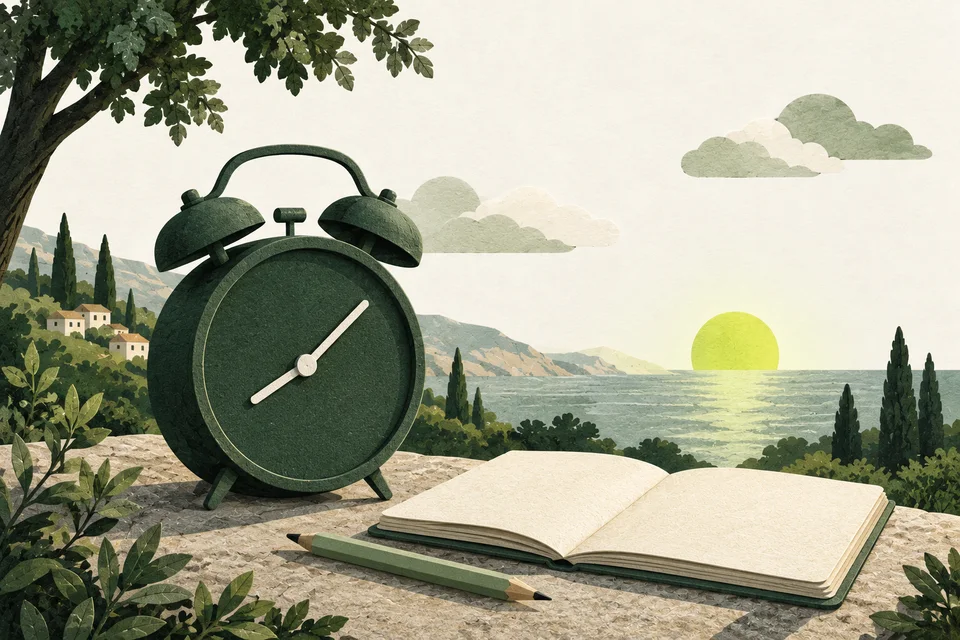 A green clock without numerals beside an open notebook and pencil beneath a small lime sun.