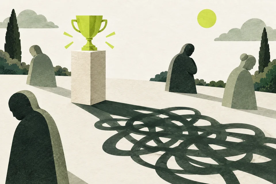 A small lime trophy casts a tangled green shadow from a pale pedestal.